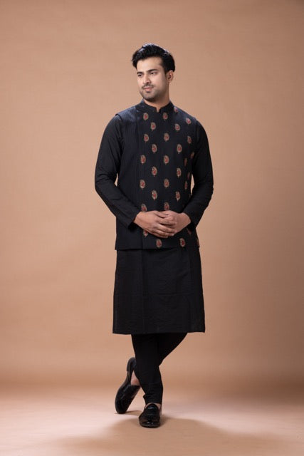 Black Kurta With Jardosi Hand Embroidery And Pintux Stylish Bundi Jacket With Pajama Set