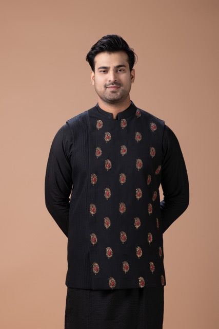Black Kurta With Jardosi Hand Embroidery And Pintux Stylish Bundi Jacket With Pajama Set