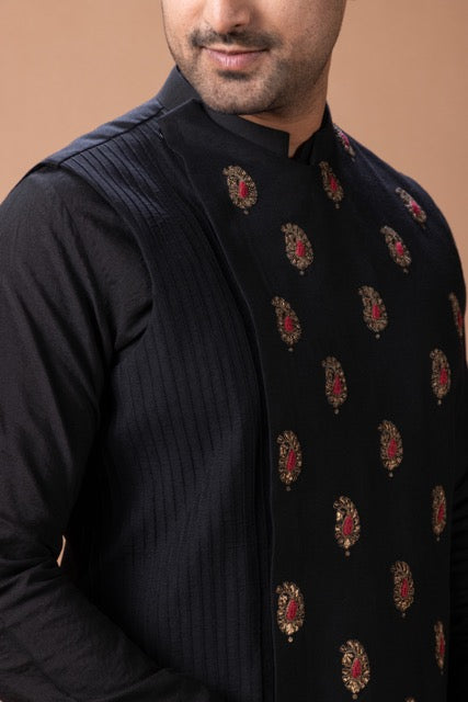 Black Kurta With Jardosi Hand Embroidery And Pintux Stylish Bundi Jacket With Pajama Set