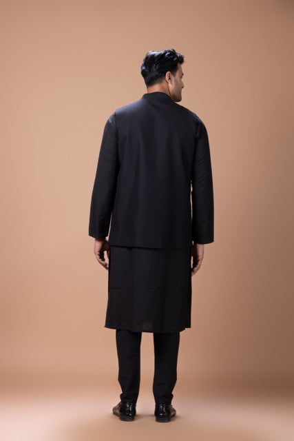 Black Kurta With Jardosi Hand Embroidery And Pintux Stylish Bundi Jacket With Pajama Set