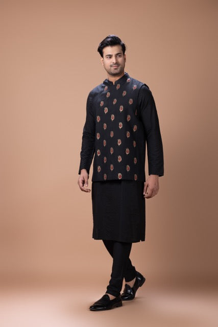 Black Kurta With Jardosi Hand Embroidery And Pintux Stylish Bundi Jacket With Pajama Set