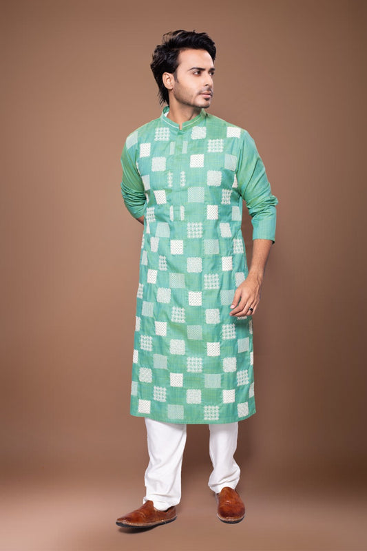 Small Heavy Boxes Cord Embroidery Kurta With Pajama Set - Aqua Green/Off White