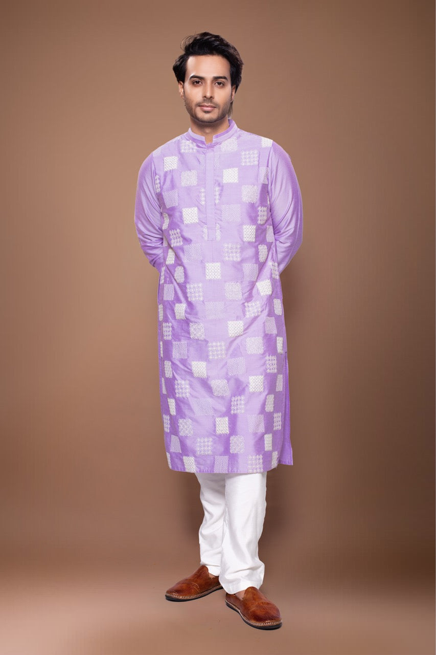 Small Heavy Boxes Cord Embroidery Kurta With Pajama Set - Lavender Pink/Off White