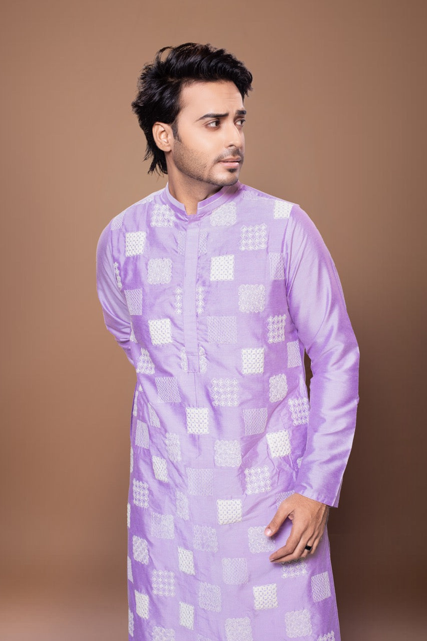 Small Heavy Boxes Cord Embroidery Kurta With Pajama Set - Lavender Pink/Off White