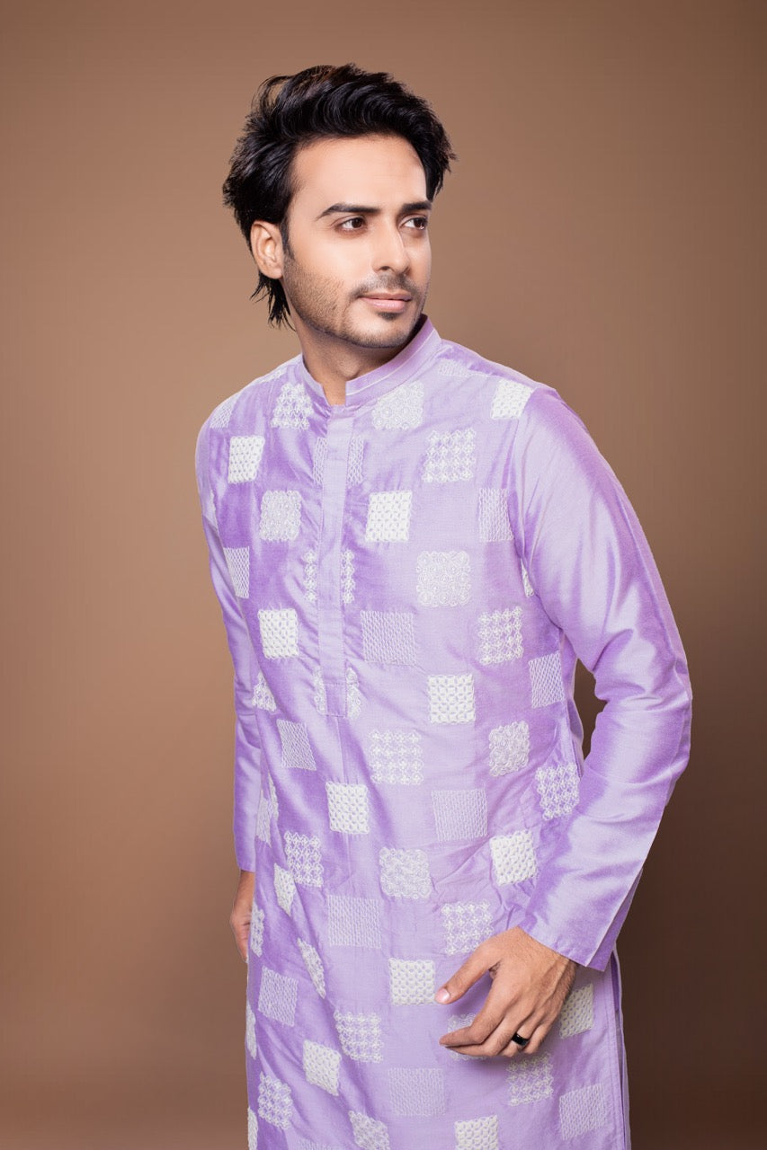 Small Heavy Boxes Cord Embroidery Kurta With Pajama Set - Lavender Pink/Off White