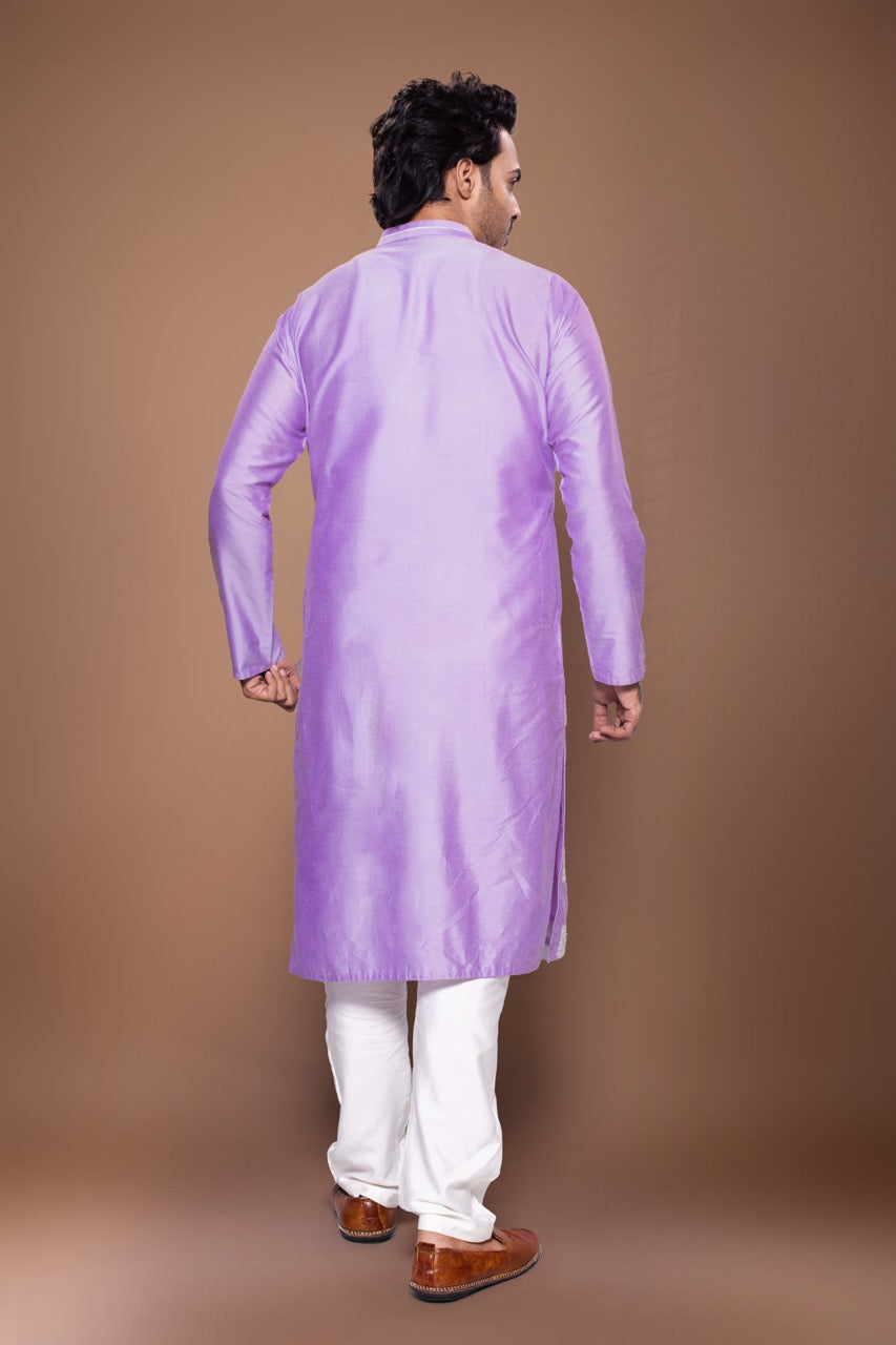 Small Heavy Boxes Cord Embroidery Kurta With Pajama Set - Lavender Pink/Off White