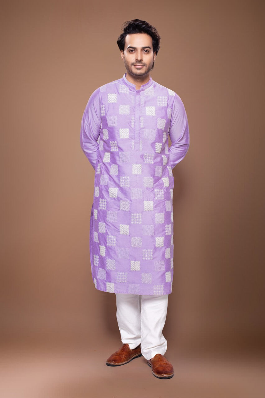 Small Heavy Boxes Cord Embroidery Kurta With Pajama Set - Lavender Pink/Off White