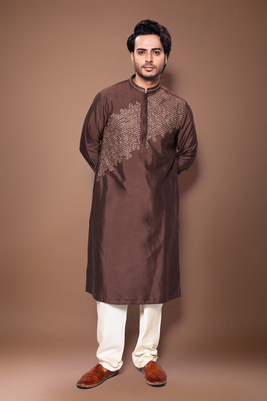 Heavy Hand Embroidery Kurta With Pajama Set - Chocolate Brown/Off White