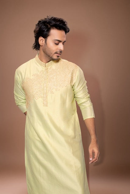 Heavy Hand Embroidery Kurta With Pajama Set - Pista Green/Off White