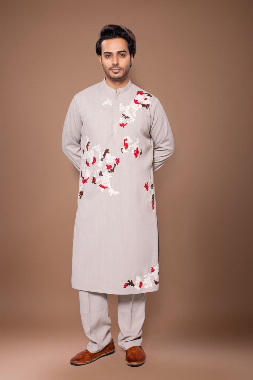 Lego Hand Zardosi Embroidery Stylish Kurta With Pajama Set - Grey