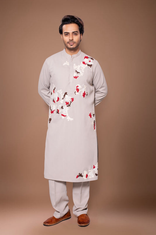 Lego Hand Zardosi Embroidery Stylish Kurta With Pajama Set - Grey