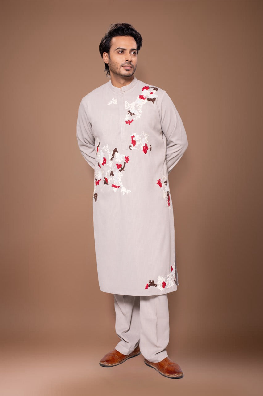 Lego Hand Zardosi Embroidery Stylish Kurta With Pajama Set - Grey