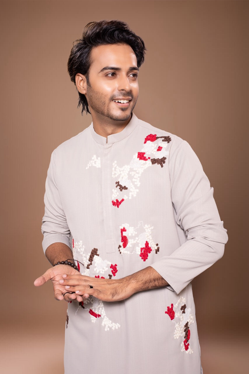 Lego Hand Zardosi Embroidery Stylish Kurta With Pajama Set - Grey