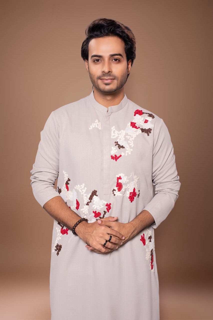 Lego Hand Zardosi Embroidery Stylish Kurta With Pajama Set - Grey