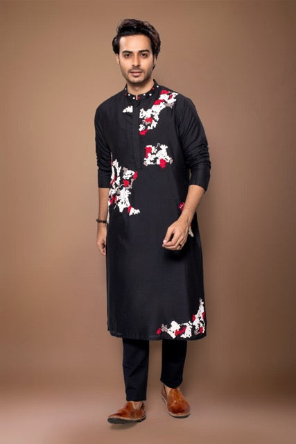Lego Hand Zardosi Embroidery Stylish Kurta With Pajama Set - Black