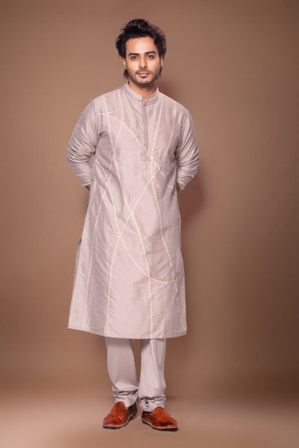 Desert Lines With Knot Hand Embroidery Stylish Kurta With Pajama Set - Grey