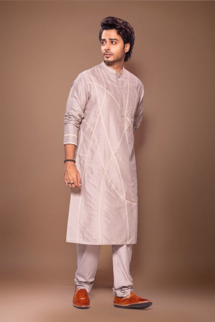 Desert Lines With Knot Hand Embroidery Stylish Kurta With Pajama Set - Grey
