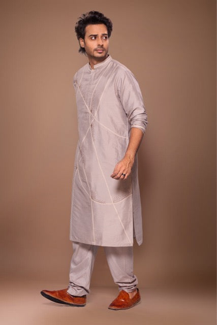 Desert Lines With Knot Hand Embroidery Stylish Kurta With Pajama Set - Grey