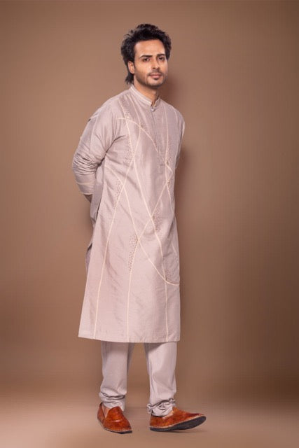 Desert Lines With Knot Hand Embroidery Stylish Kurta With Pajama Set - Grey