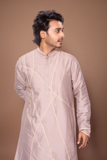 Desert Lines With Knot Hand Embroidery Stylish Kurta With Pajama Set - Grey