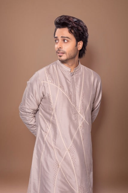 Desert Lines With Knot Hand Embroidery Stylish Kurta With Pajama Set - Grey