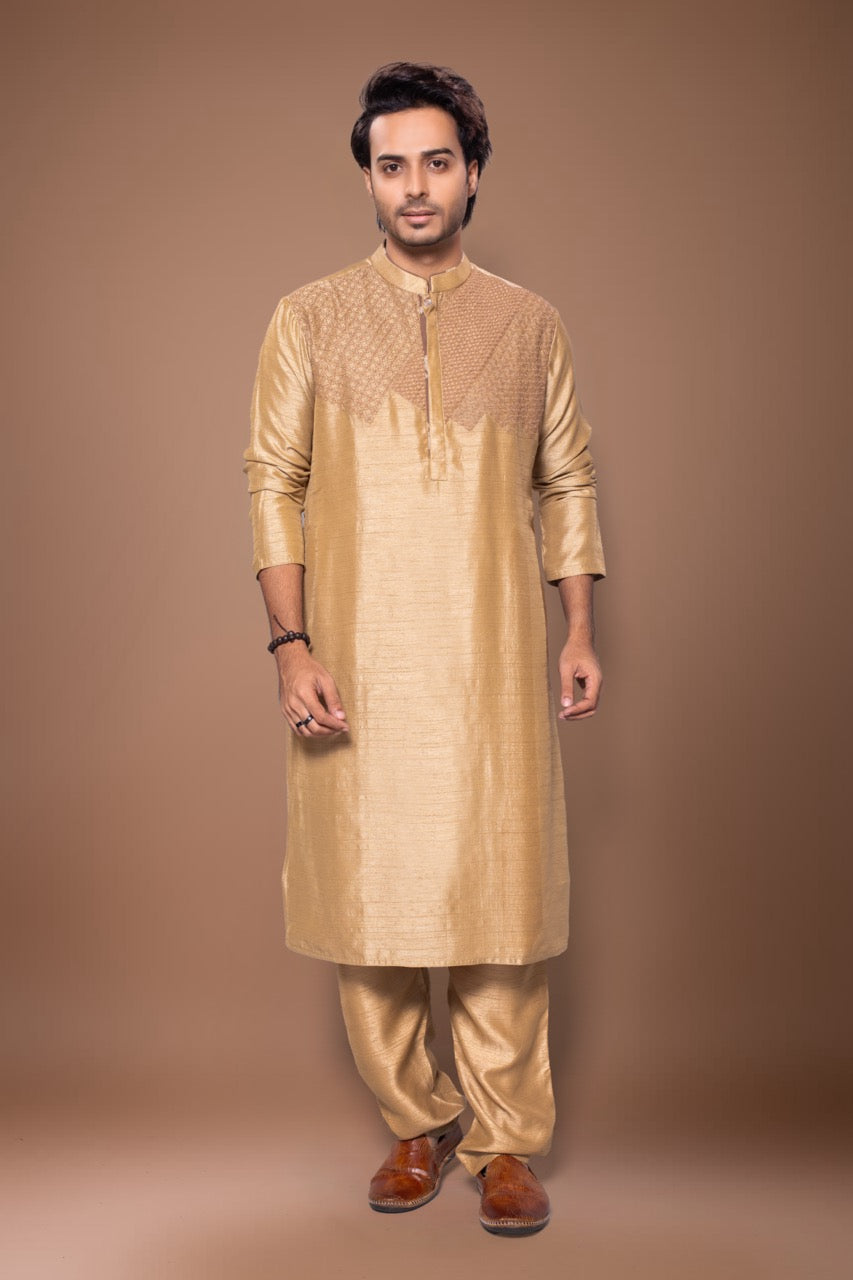 Heavy Cord Embroidery On The Yoke Of Kurta With Pajama Set - Light Brown