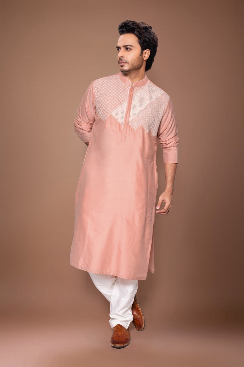 Heavy Cord Embroidery On The Yoke Of Kurta With Pajama Set - Onion Pink/Off White