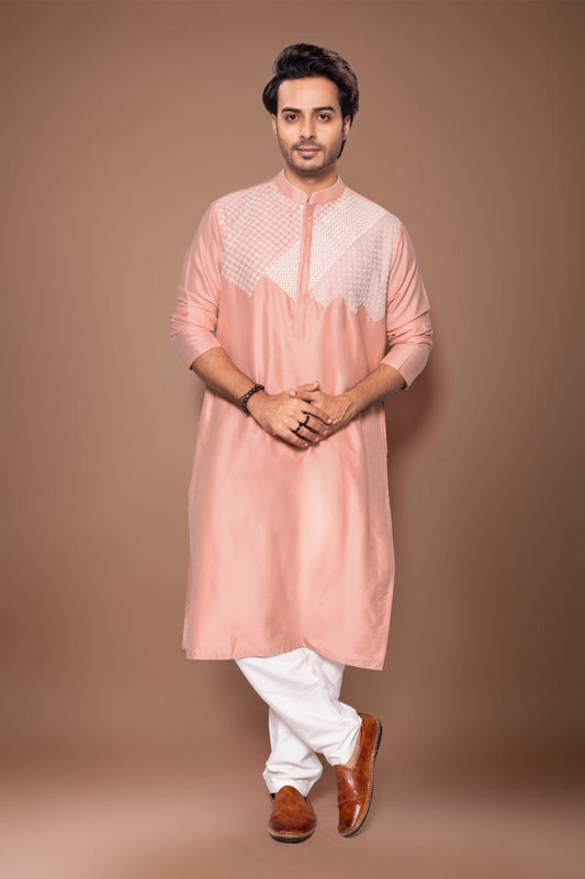 Heavy Cord Embroidery On The Yoke Of Kurta With Pajama Set - Onion Pink/Off White