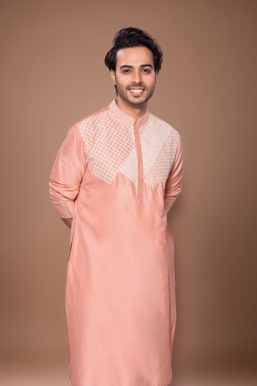 Heavy Cord Embroidery On The Yoke Of Kurta With Pajama Set - Onion Pink/Off White