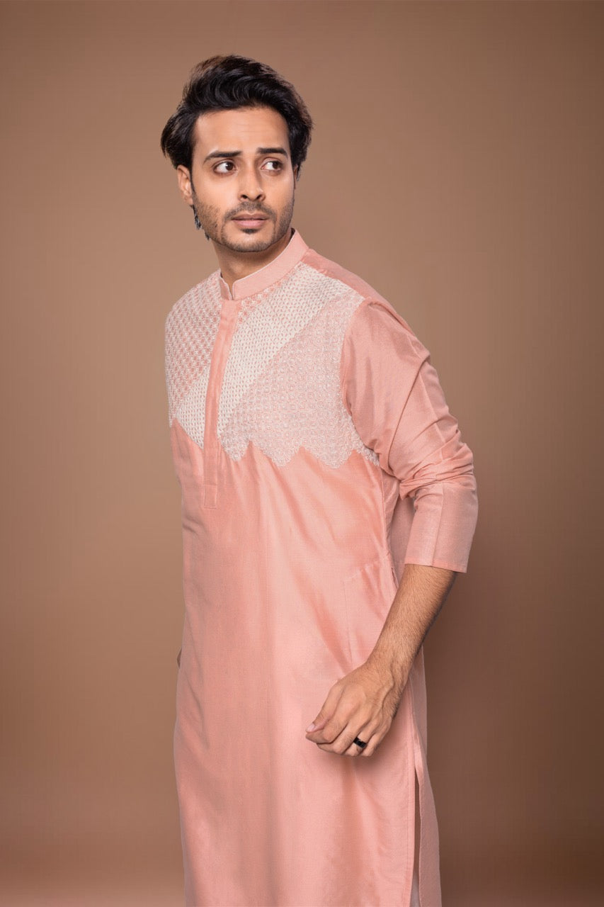 Heavy Cord Embroidery On The Yoke Of Kurta With Pajama Set - Onion Pink/Off White
