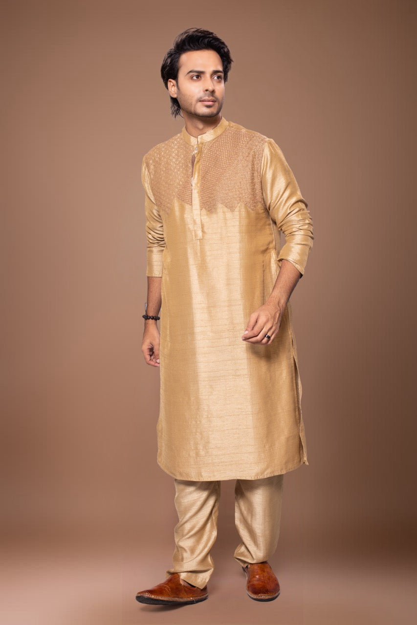 Heavy Cord Embroidery On The Yoke Of Kurta With Pajama Set - Light Brown