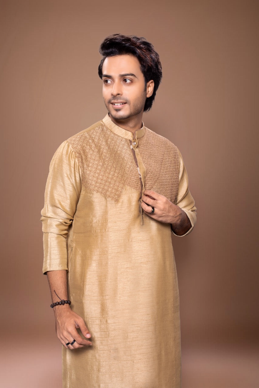 Heavy Cord Embroidery On The Yoke Of Kurta With Pajama Set - Light Brown