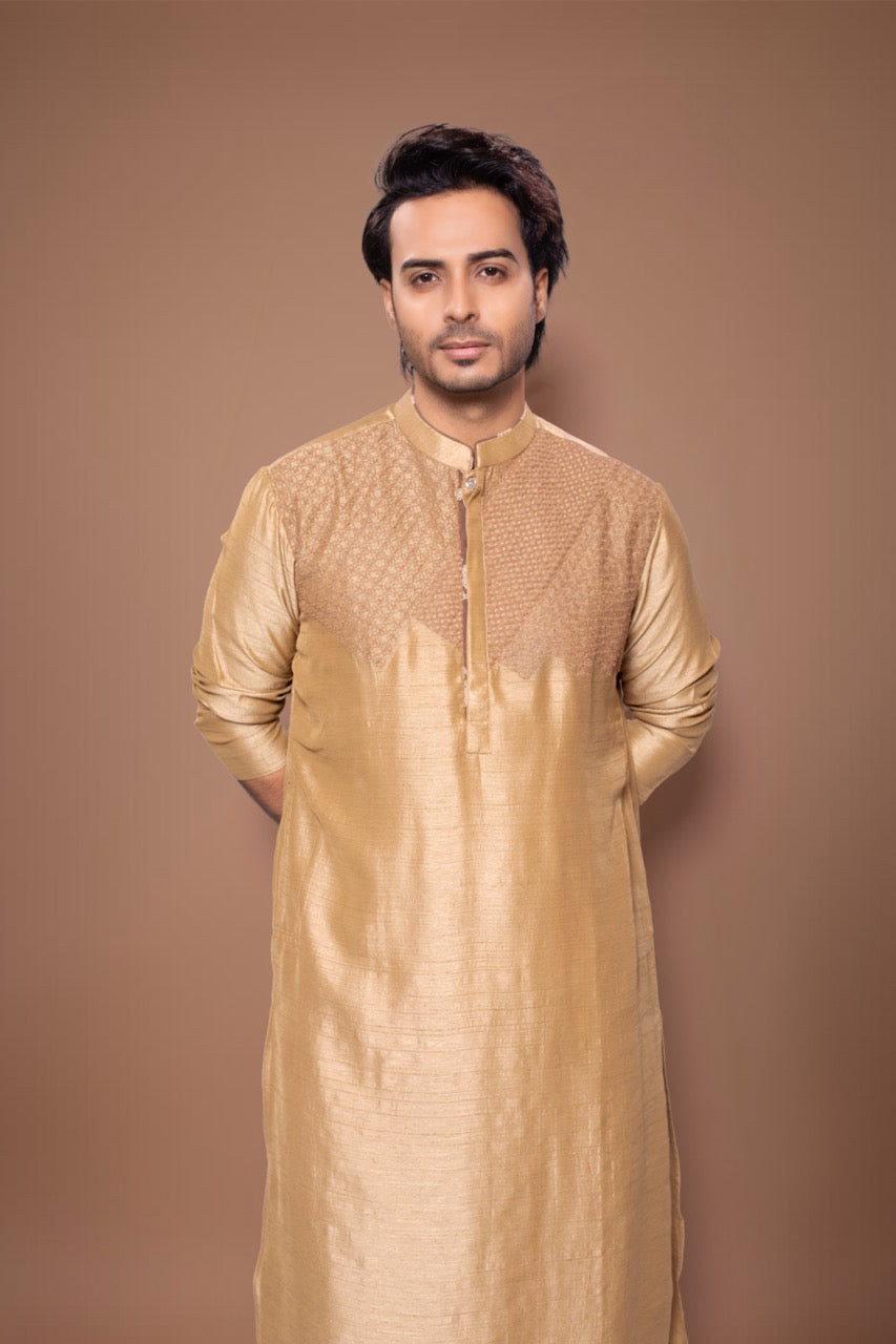Heavy Cord Embroidery On The Yoke Of Kurta With Pajama Set - Light Brown