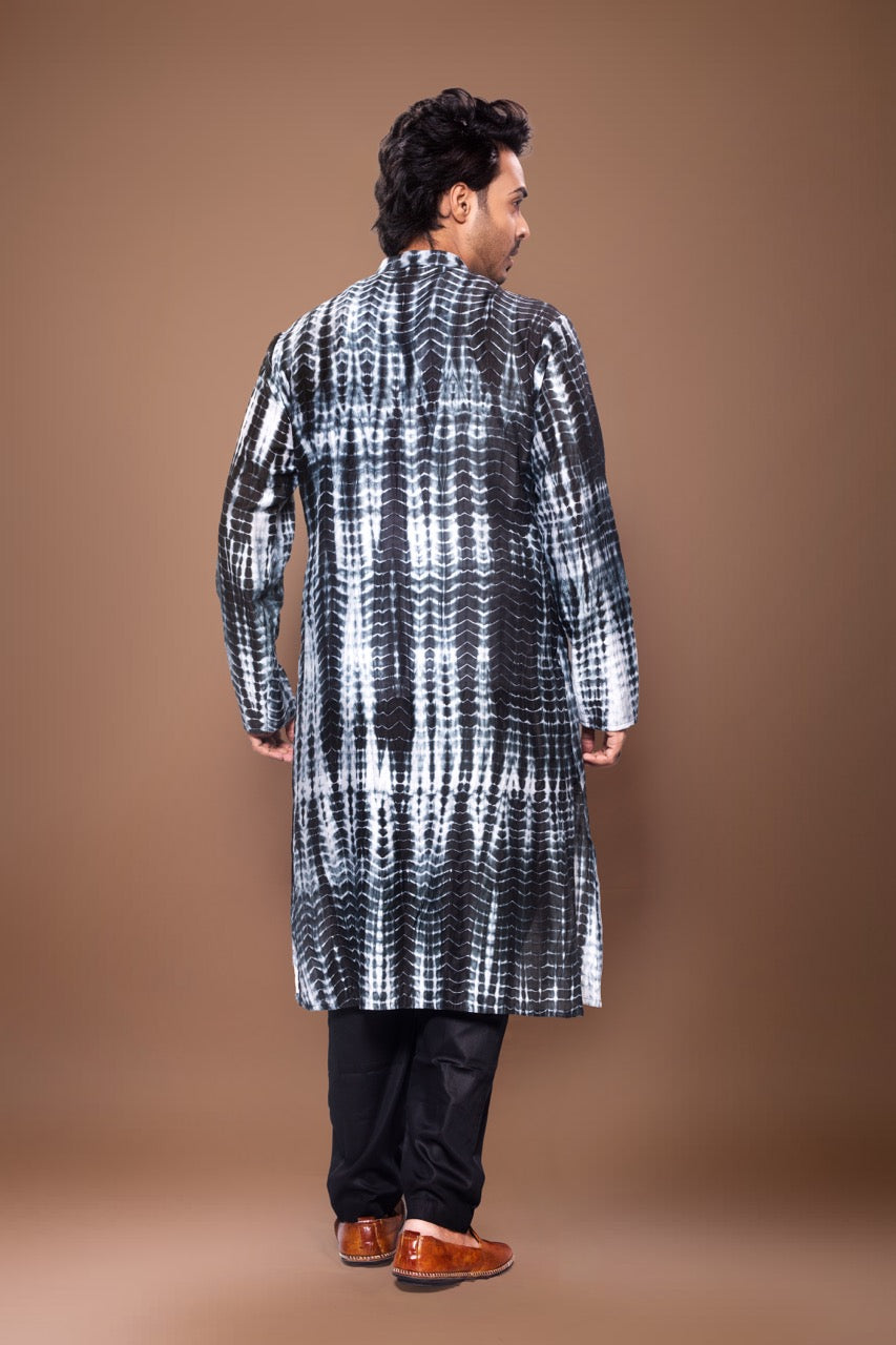 Tie And Dye Mirror Hand Embroidery Kurta With Pajama Set - Black & White/Black