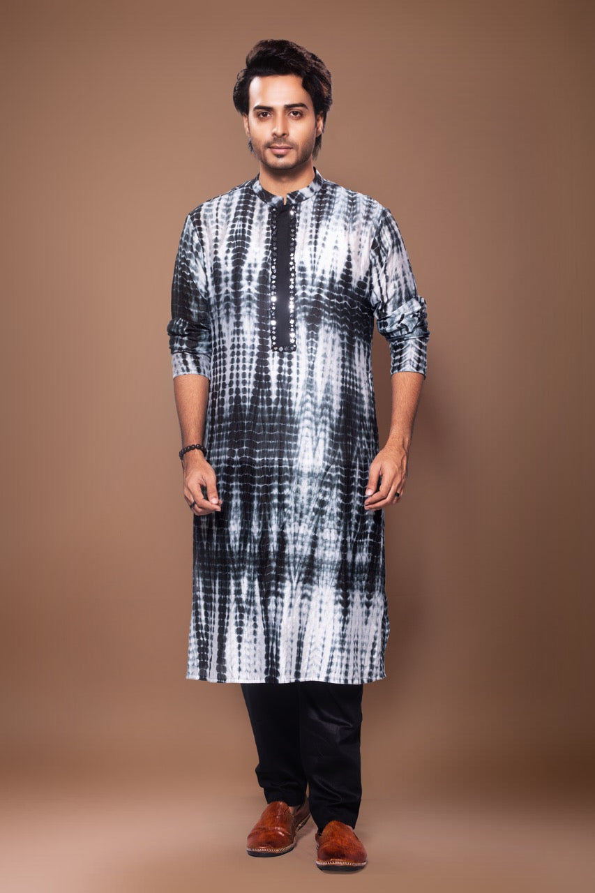 Tie And Dye Mirror Hand Embroidery Kurta With Pajama Set - Black & White/Black