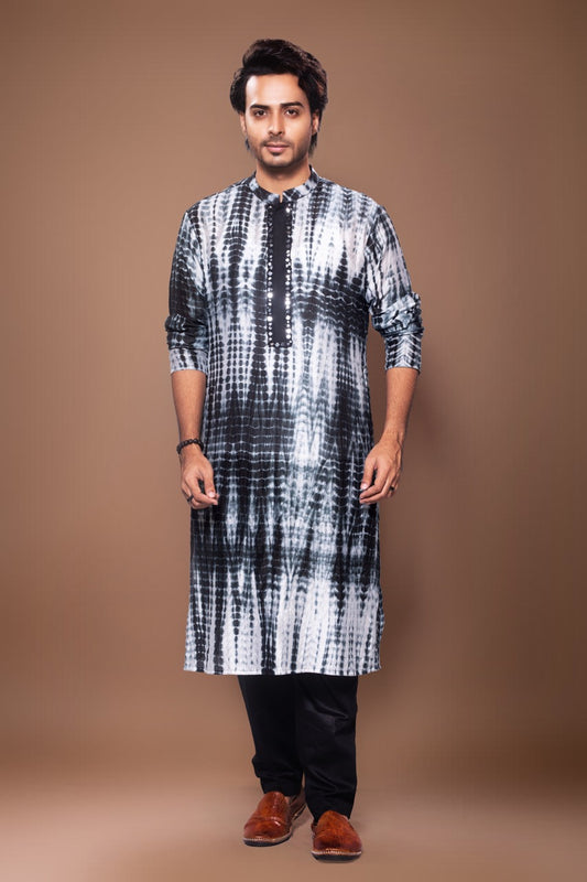 Tie And Dye Mirror Hand Embroidery Kurta With Pajama Set - Black & White/Black