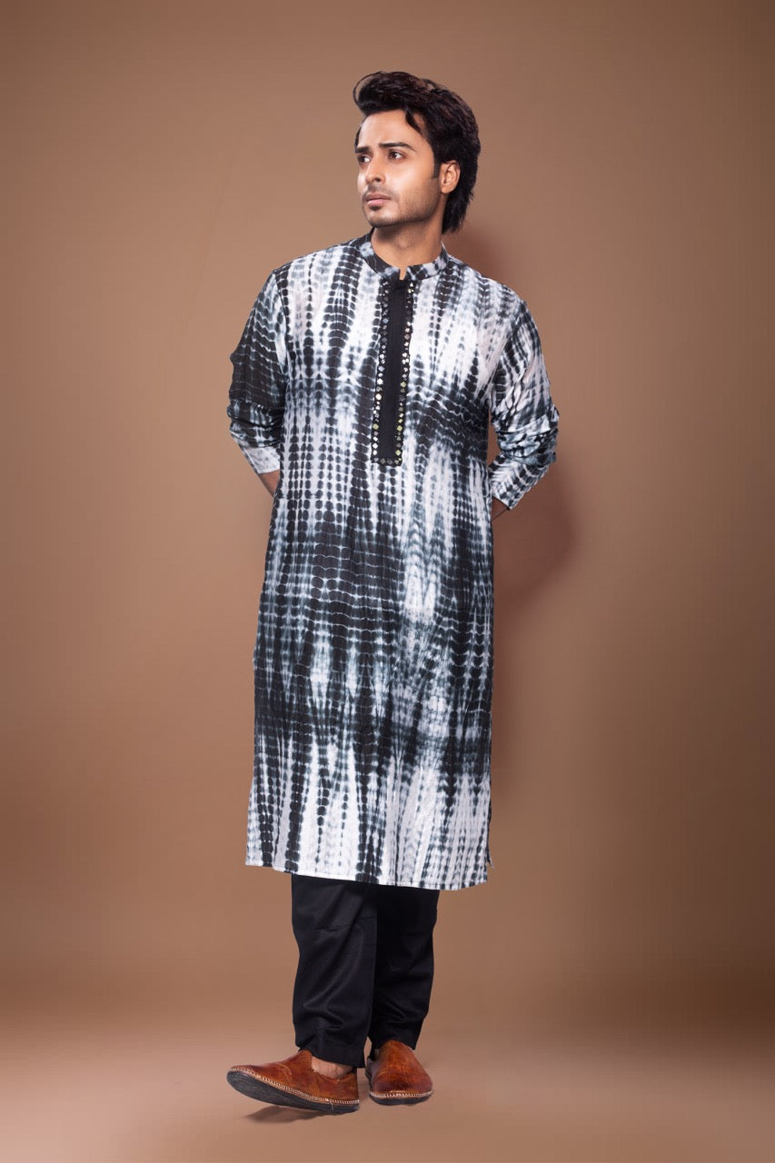 Tie And Dye Mirror Hand Embroidery Kurta With Pajama Set - Black & White/Black