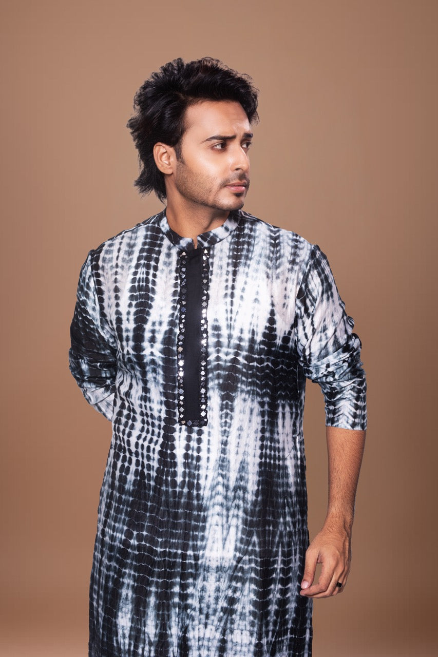 Tie And Dye Mirror Hand Embroidery Kurta With Pajama Set - Black & White/Black