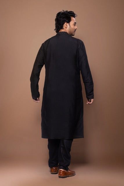 Black Metal Pearls Birds Embroidery On Front Of Kurta With Pajama Set