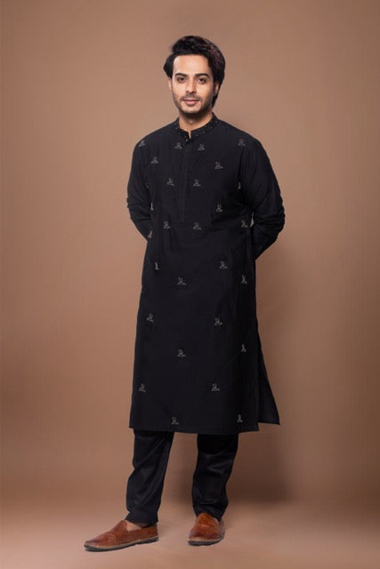Black Metal Pearls Birds Embroidery On Front Of Kurta With Pajama Set