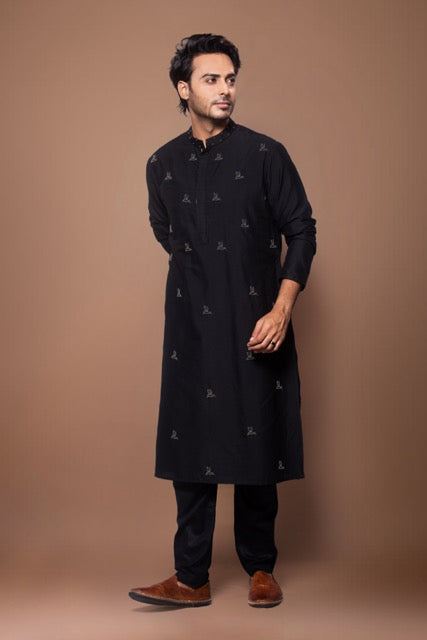 Black Metal Pearls Birds Embroidery On Front Of Kurta With Pajama Set