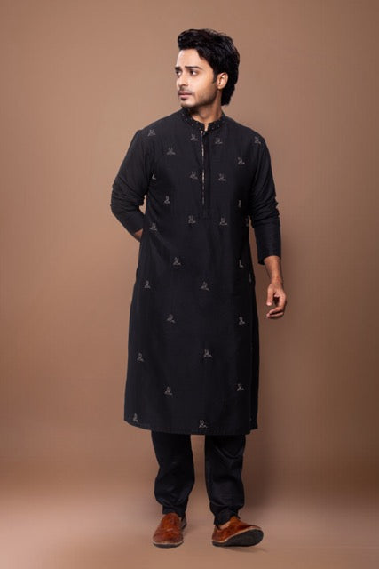 Black Metal Pearls Birds Embroidery On Front Of Kurta With Pajama Set