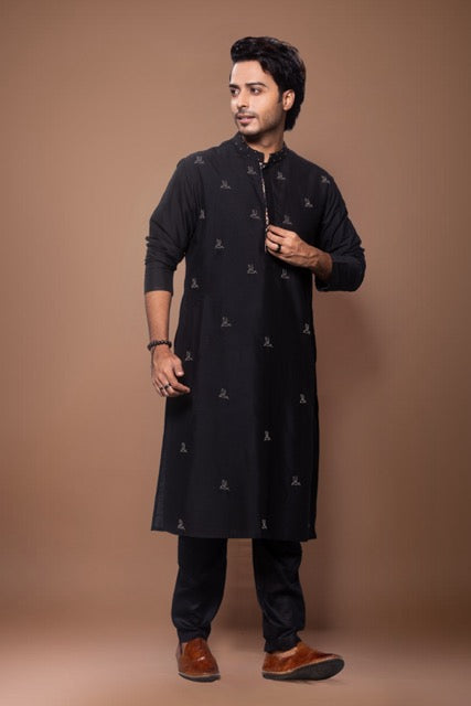 Black Metal Pearls Birds Embroidery On Front Of Kurta With Pajama Set