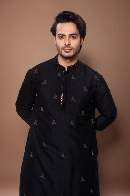 Black Metal Pearls Birds Embroidery On Front Of Kurta With Pajama Set