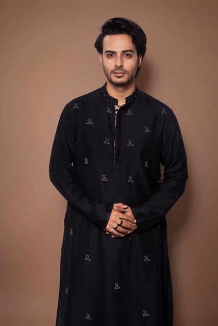 Black Metal Pearls Birds Embroidery On Front Of Kurta With Pajama Set