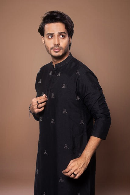 Black Metal Pearls Birds Embroidery On Front Of Kurta With Pajama Set