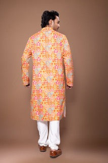 Floral Printed Mirror Embroidered Kurta With Pajama Set - Mustard/Off White