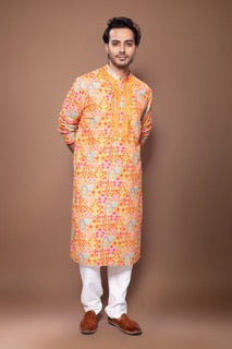 Floral Printed Mirror Embroidered Kurta With Pajama Set - Mustard/Off White