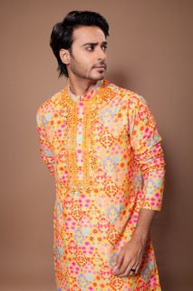 Floral Printed Mirror Embroidered Kurta With Pajama Set - Mustard/Off White
