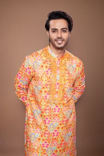 Floral Printed Mirror Embroidered Kurta With Pajama Set - Mustard/Off White